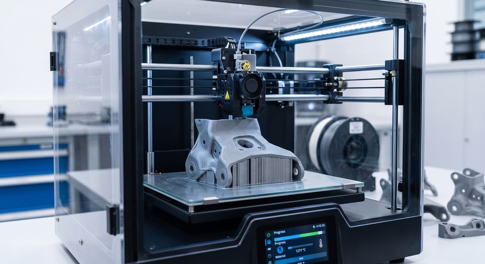 Ein 3D-Drucker druckt das Bauteil als Prototyp aus Kunststoff